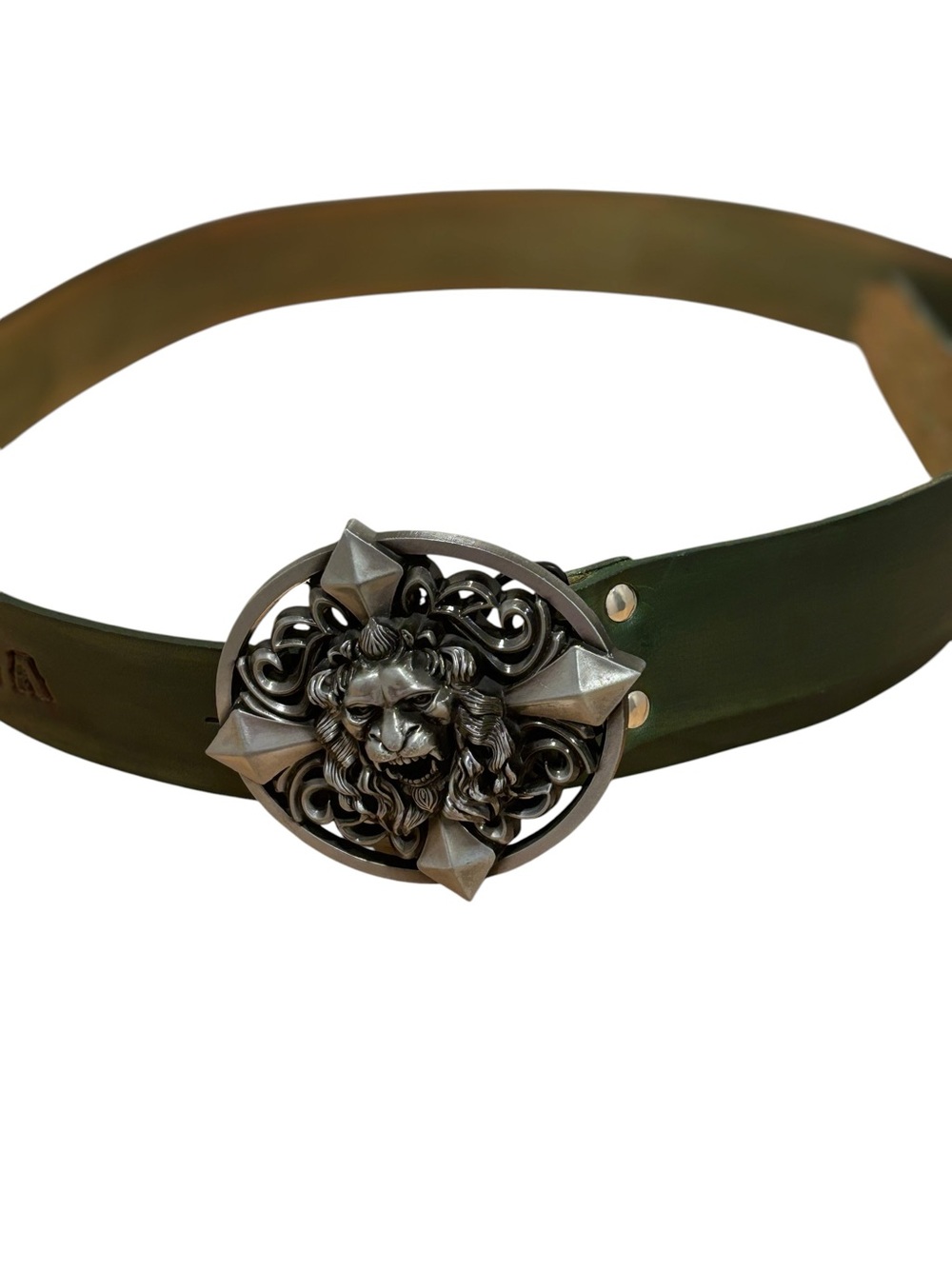 OMEGA Men's Green Leather Belt Silver Lion Head Plate Buckle